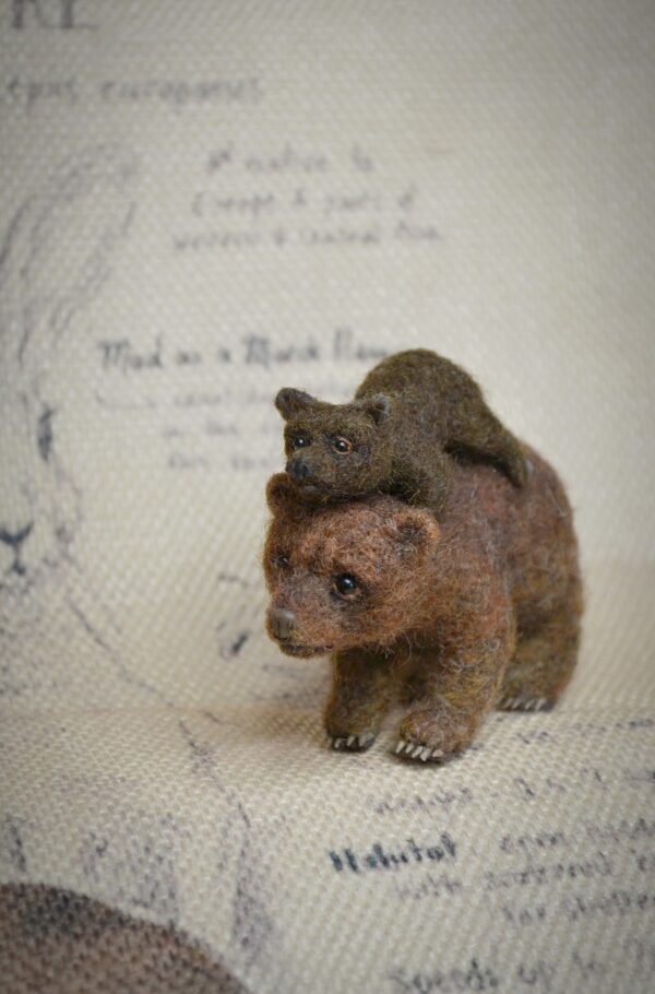 Bear and Cub miniature Needle Felted Wool Sculpture Set - Image 2