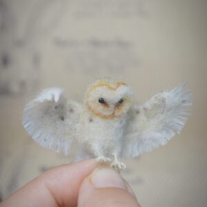 Miniature Felt Owl in Flight – Handmade Poseable Wool Bird Sculpture