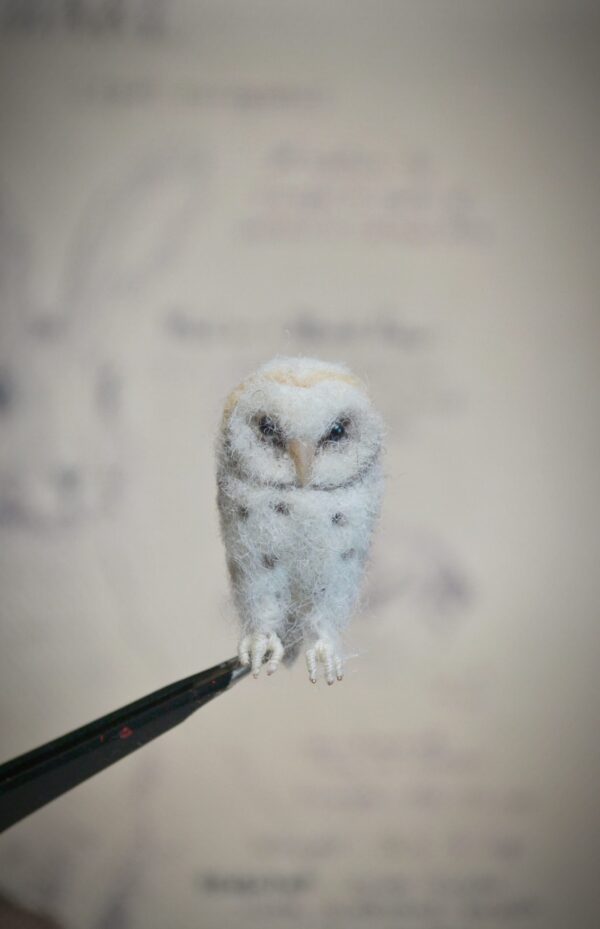 Miniature Needle Felted White Owl – 2.5 cm Handmade Wool Bird - Image 5