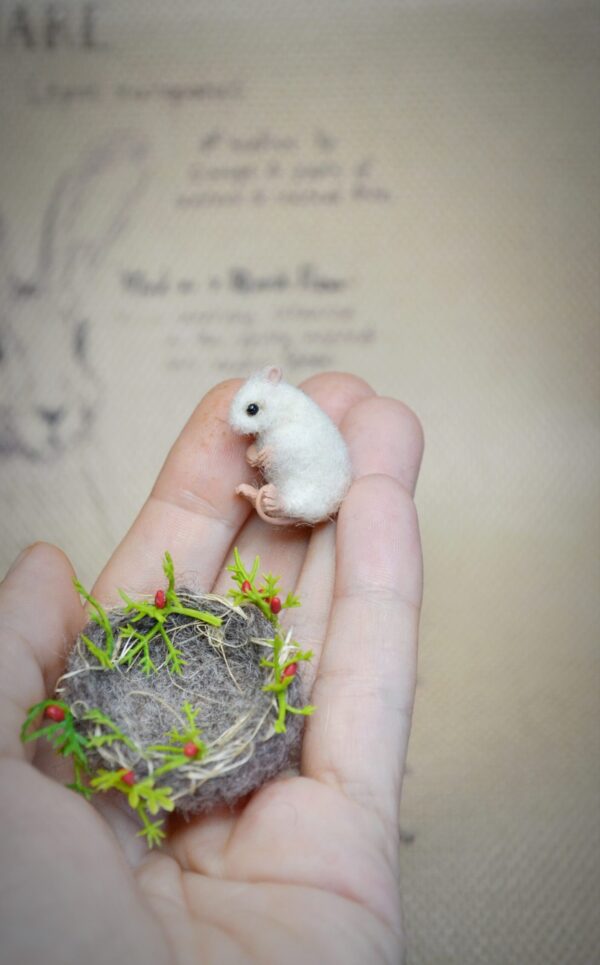 White Mouse in Nest Needle Felted Miniature  – 3 cm Handmade Wool Figurine - Image 7