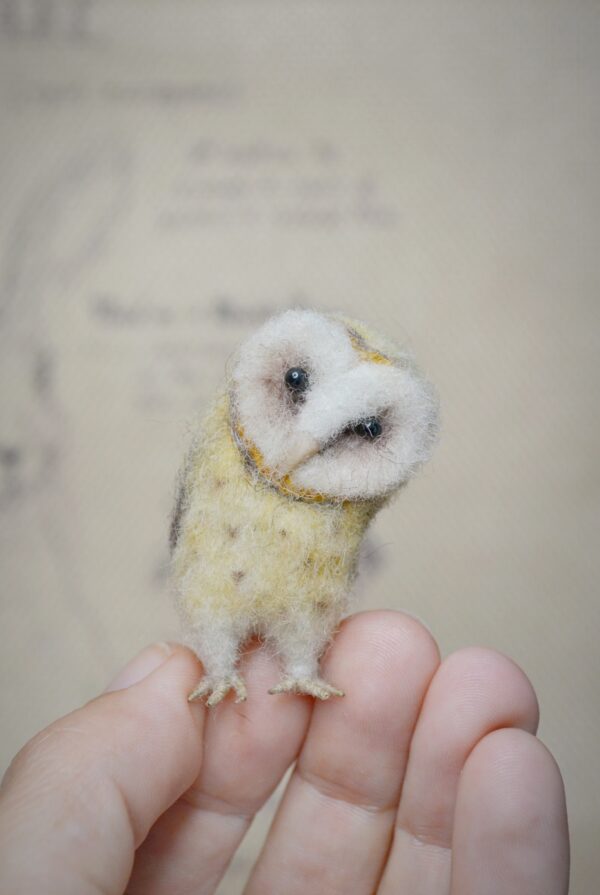 Owl with Tilted Head Needle Felted Miniature Handmade Wool Figurine with Tilted Head - Image 2