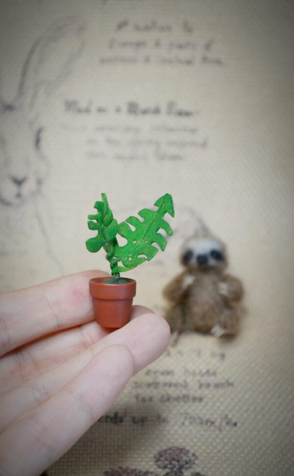 This 4 cm felted baby sloth comes with a tiny monstera plant! Fully poseable with wire limbs and turning head — a tropical treasure for miniature lovers.