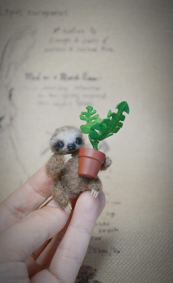 Baby Sloth with Monstera Plant Needle Felted Miniature - Image 2