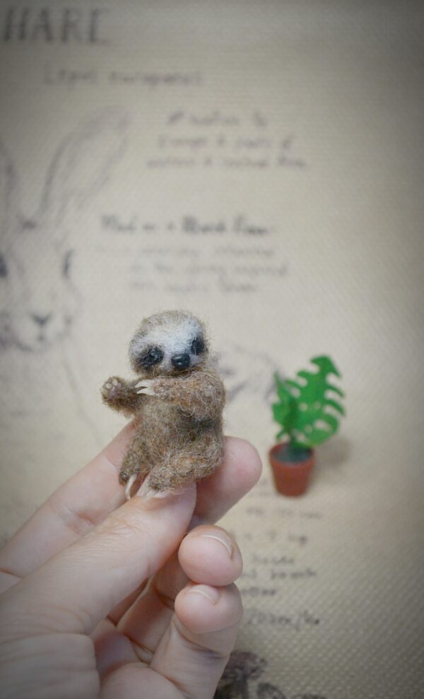 Baby Sloth with Monstera Plant Needle Felted Miniature - Image 3