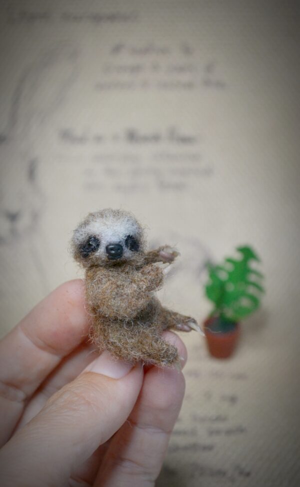 Baby Sloth with Monstera Plant Needle Felted Miniature - Image 4