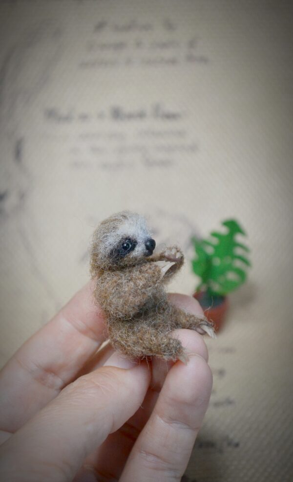 Baby Sloth with Monstera Plant Needle Felted Miniature - Image 6