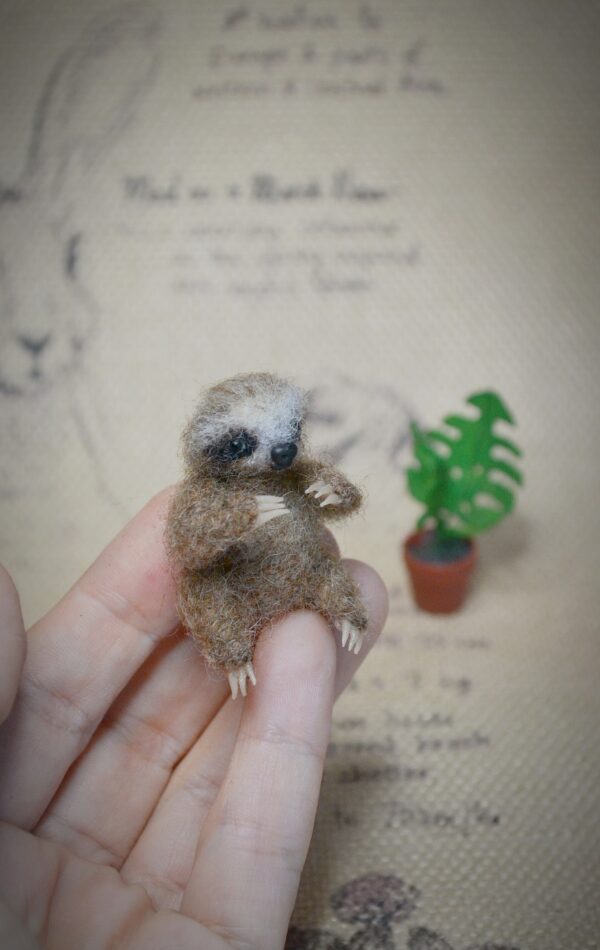 Baby Sloth with Monstera Plant Needle Felted Miniature - Image 7