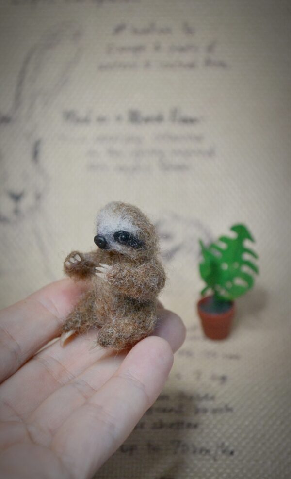 Baby Sloth with Monstera Plant Needle Felted Miniature - Image 8