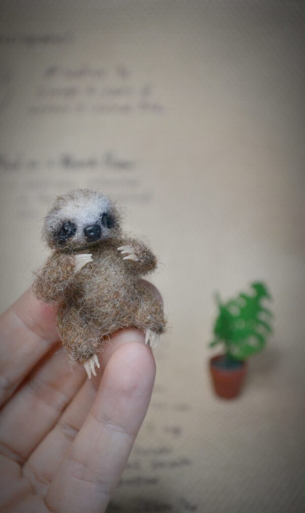 Baby Sloth with Monstera Plant Needle Felted Miniature - Image 9