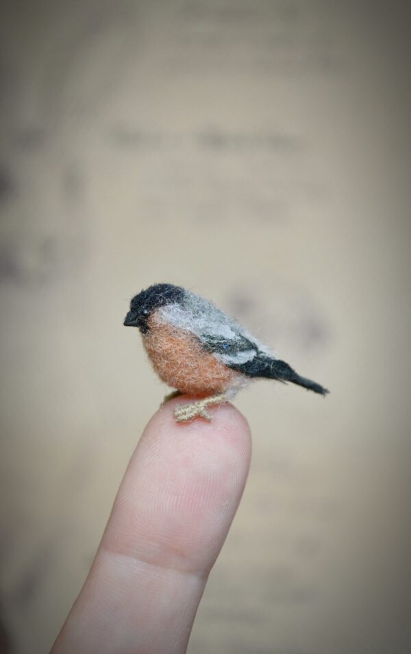 Mini Wool Bullfinch – Handmade Winter Bird Figurine