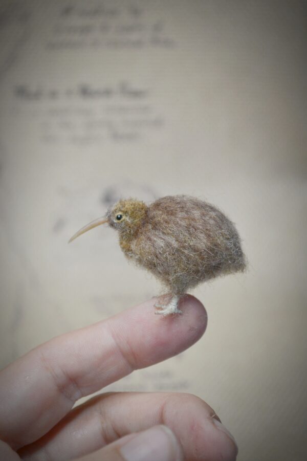 This tiny kiwi bird is handmade from wool with a long beak and soft rounded body. A rare felted miniature for bird lovers and New Zealand-themed collections.