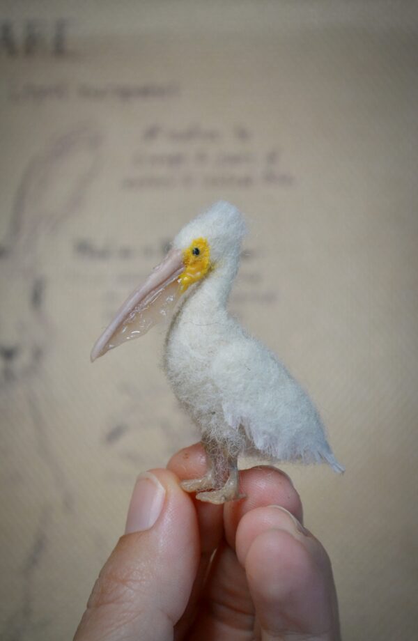 Needle felted pelican miniature with movable neck. Handmade wool bird collectible for dollhouses, dioramas, and bird lovers.