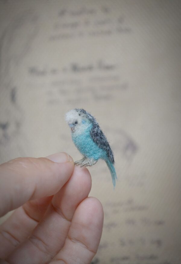 Budgie Parakeet Needle Felted Miniature – Blue Handmade Wool Bird - Image 9