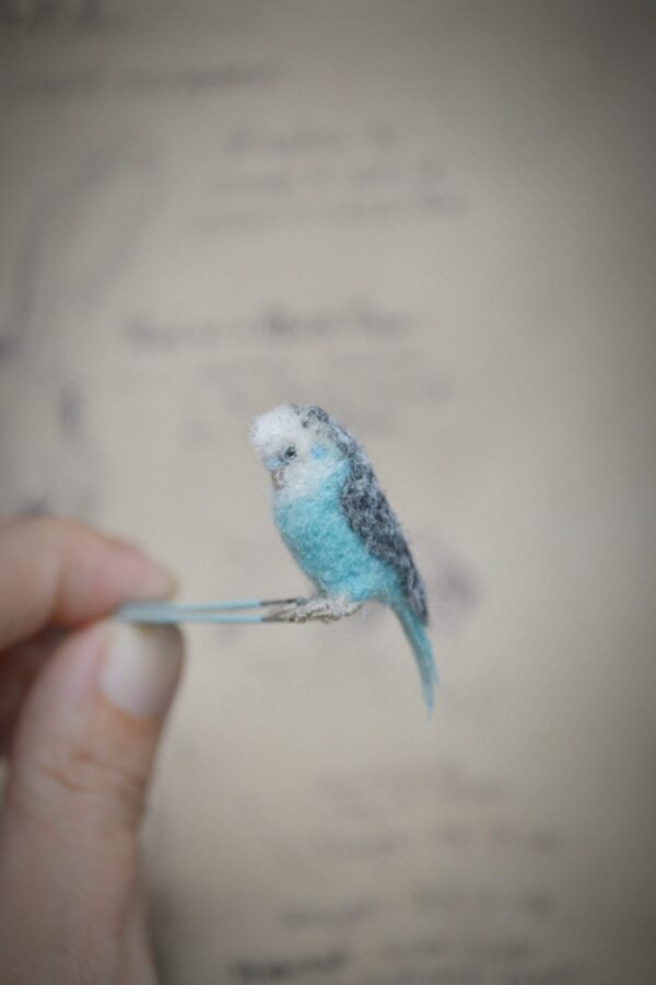 Budgie Parakeet Needle Felted Miniature – Blue Handmade Wool Bird - Image 6