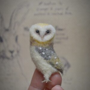 Owl Needle Felted Miniature – Head Turned Back – Handmade Wool Figurine