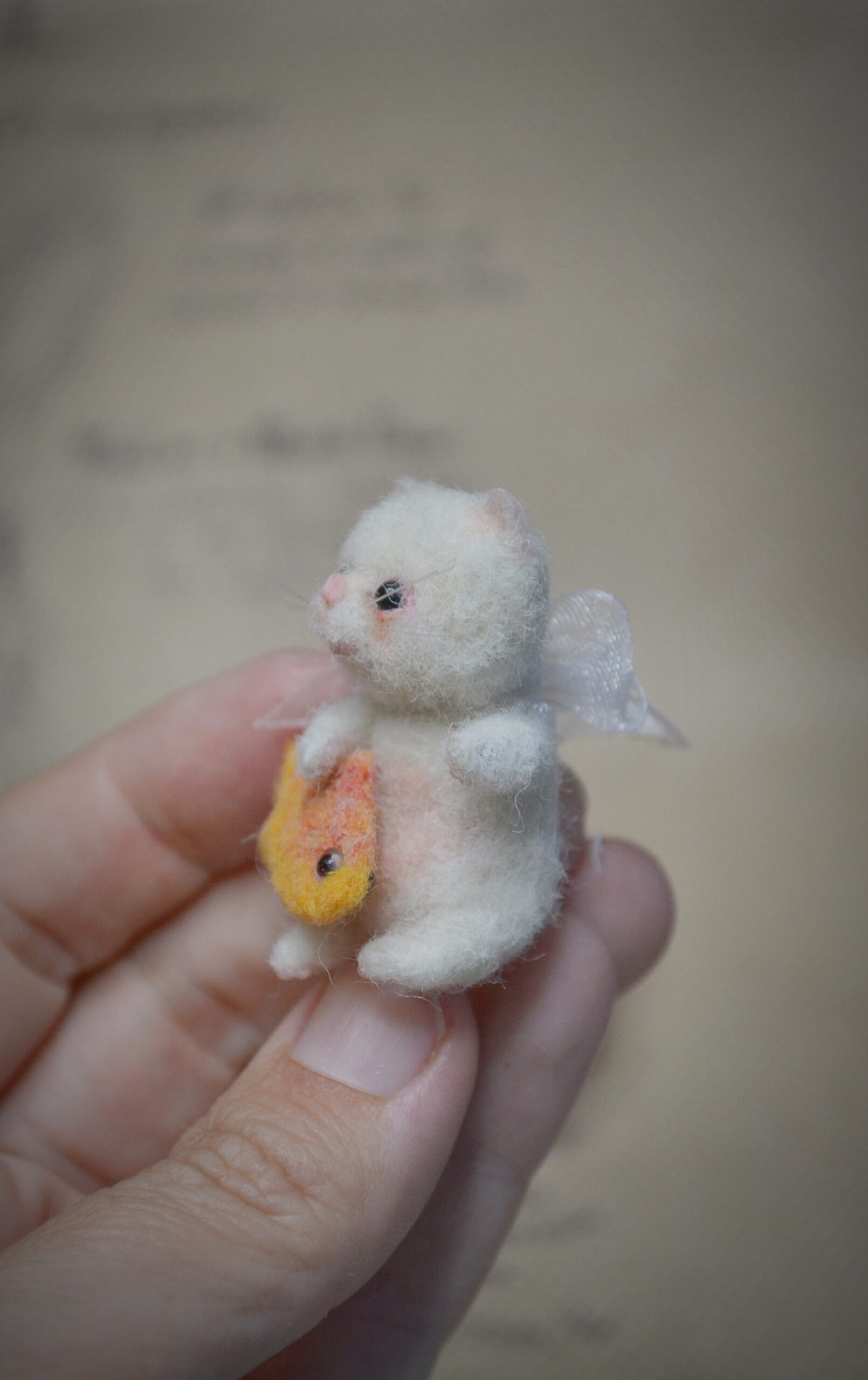 Kitten with Toy Fish and Basket, Needle Felted miniature Kat – Handmade Wool Miniature - Image 2