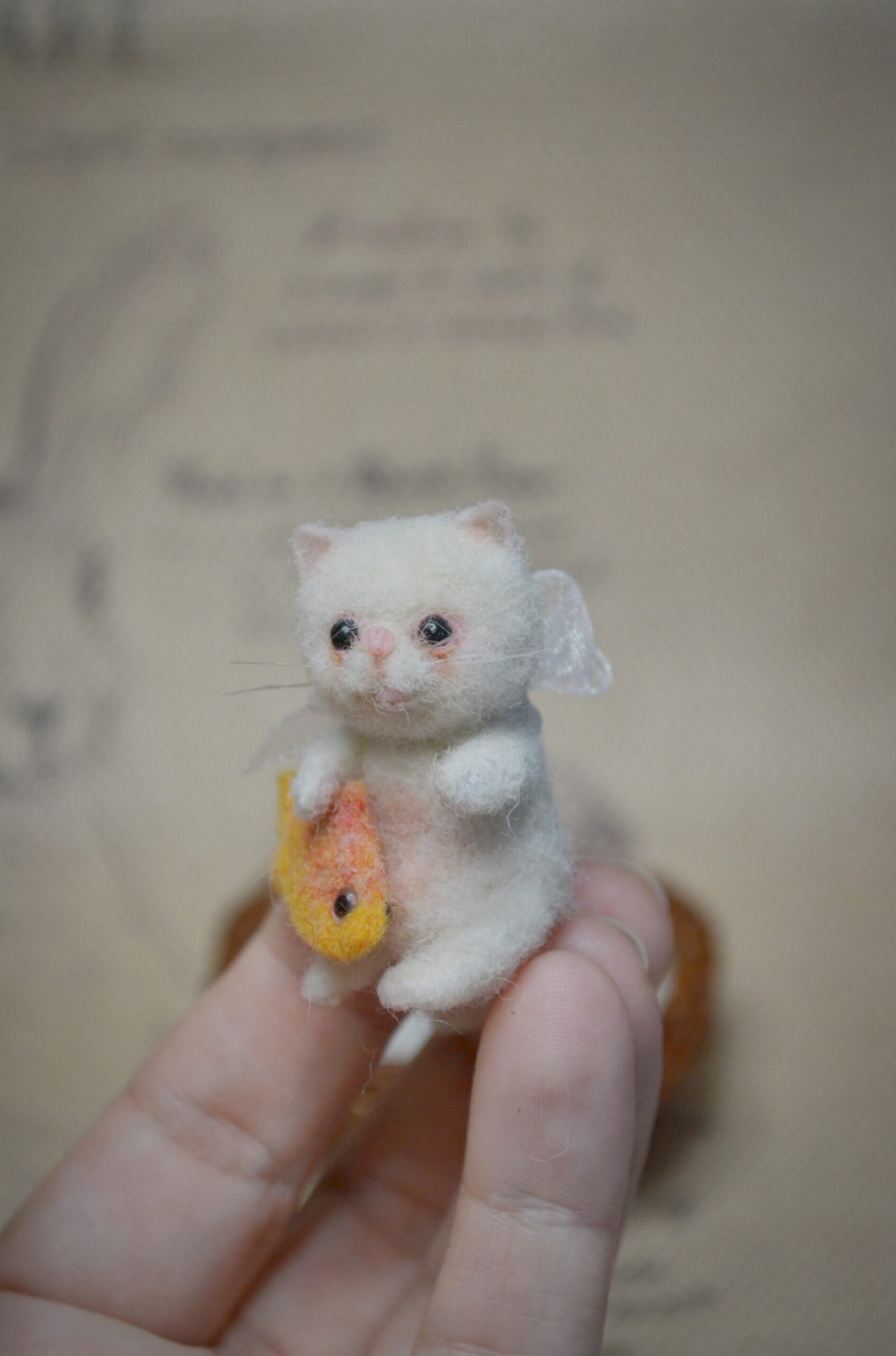 Kitten with Toy Fish and Basket, Needle Felted miniature Kat – Handmade Wool Miniature - Image 3