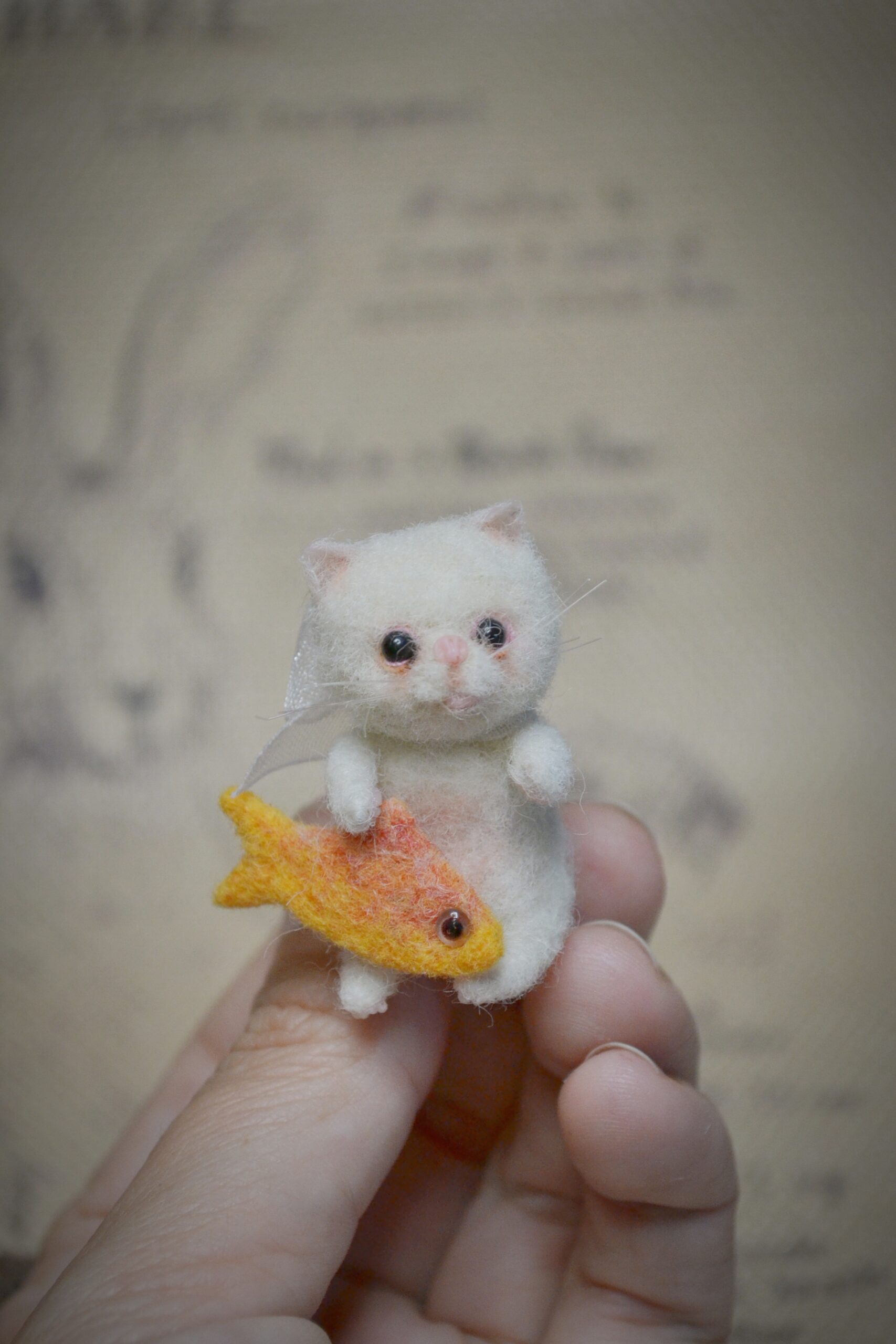Kitten with Toy Fish and Basket, Needle Felted miniature Kat – Handmade Wool Miniature - Image 4