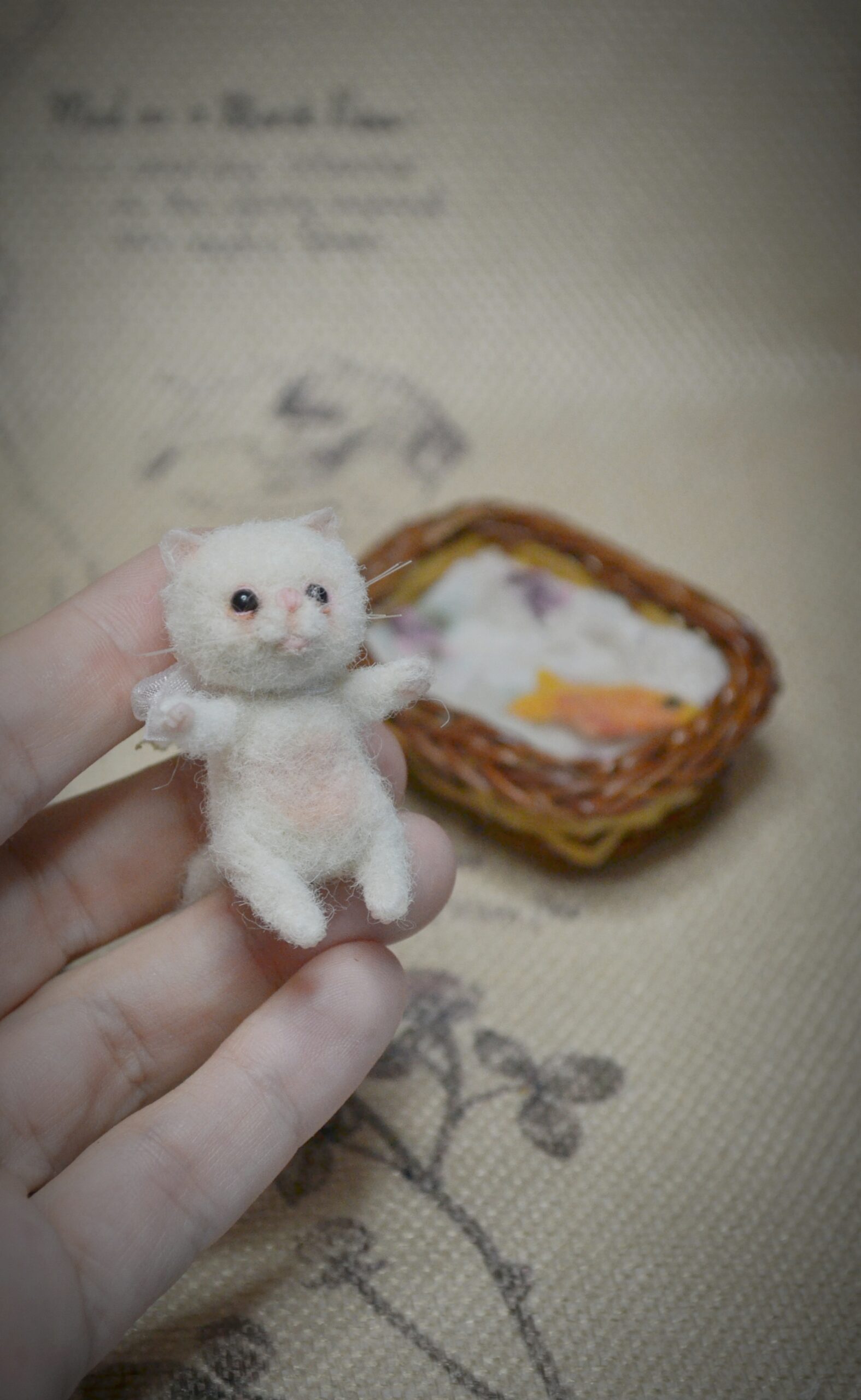 Kitten with Toy Fish and Basket, Needle Felted miniature Kat – Handmade Wool Miniature - Image 6