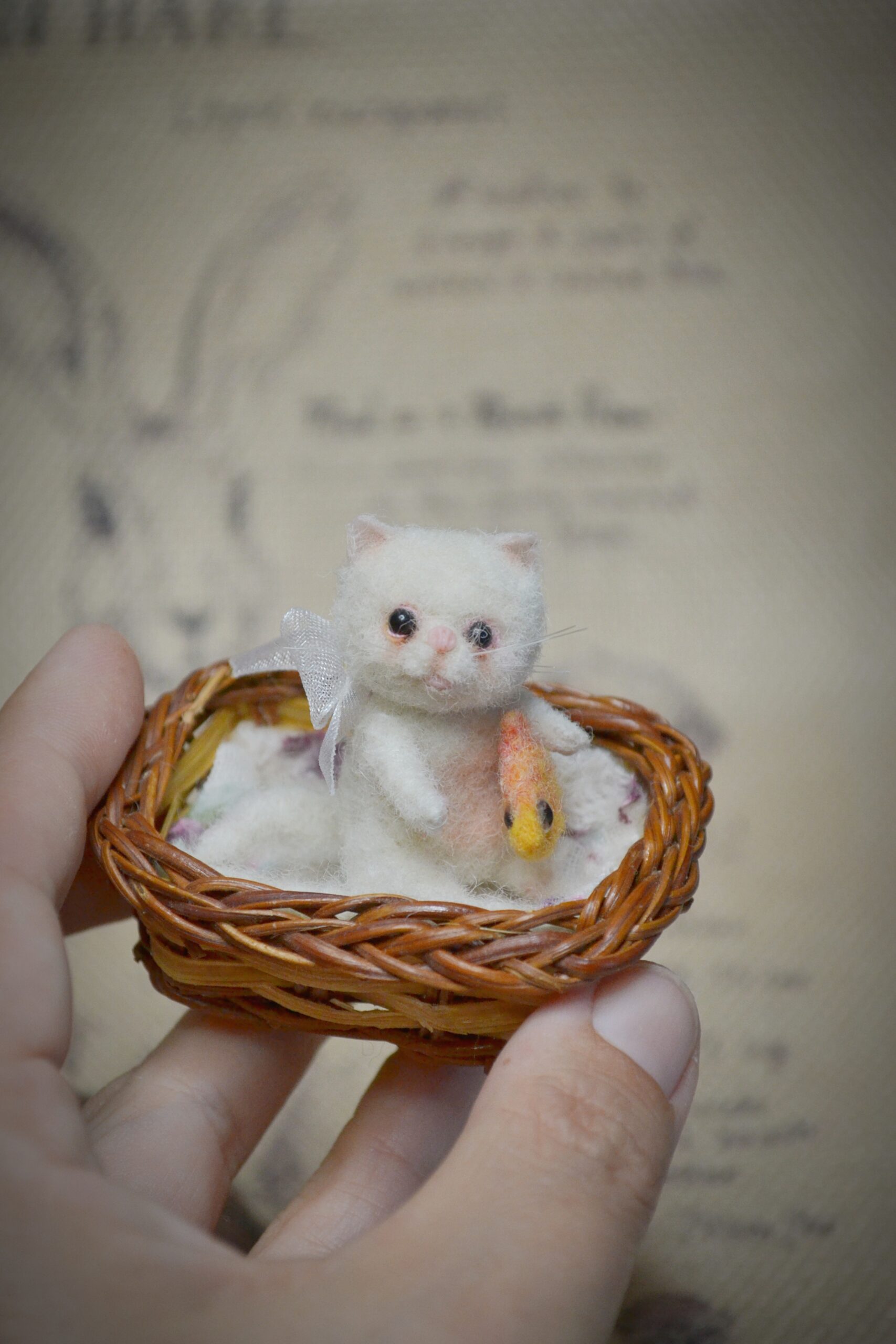 Kitten with Toy Fish and Basket, Needle Felted miniature Kat – Handmade Wool Miniature - Image 9