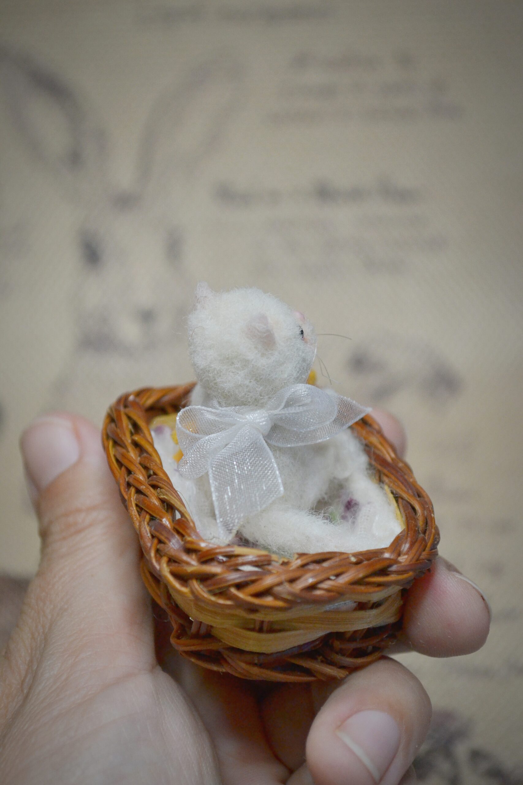 Kitten with Toy Fish and Basket, Needle Felted miniature Kat – Handmade Wool Miniature - Image 10