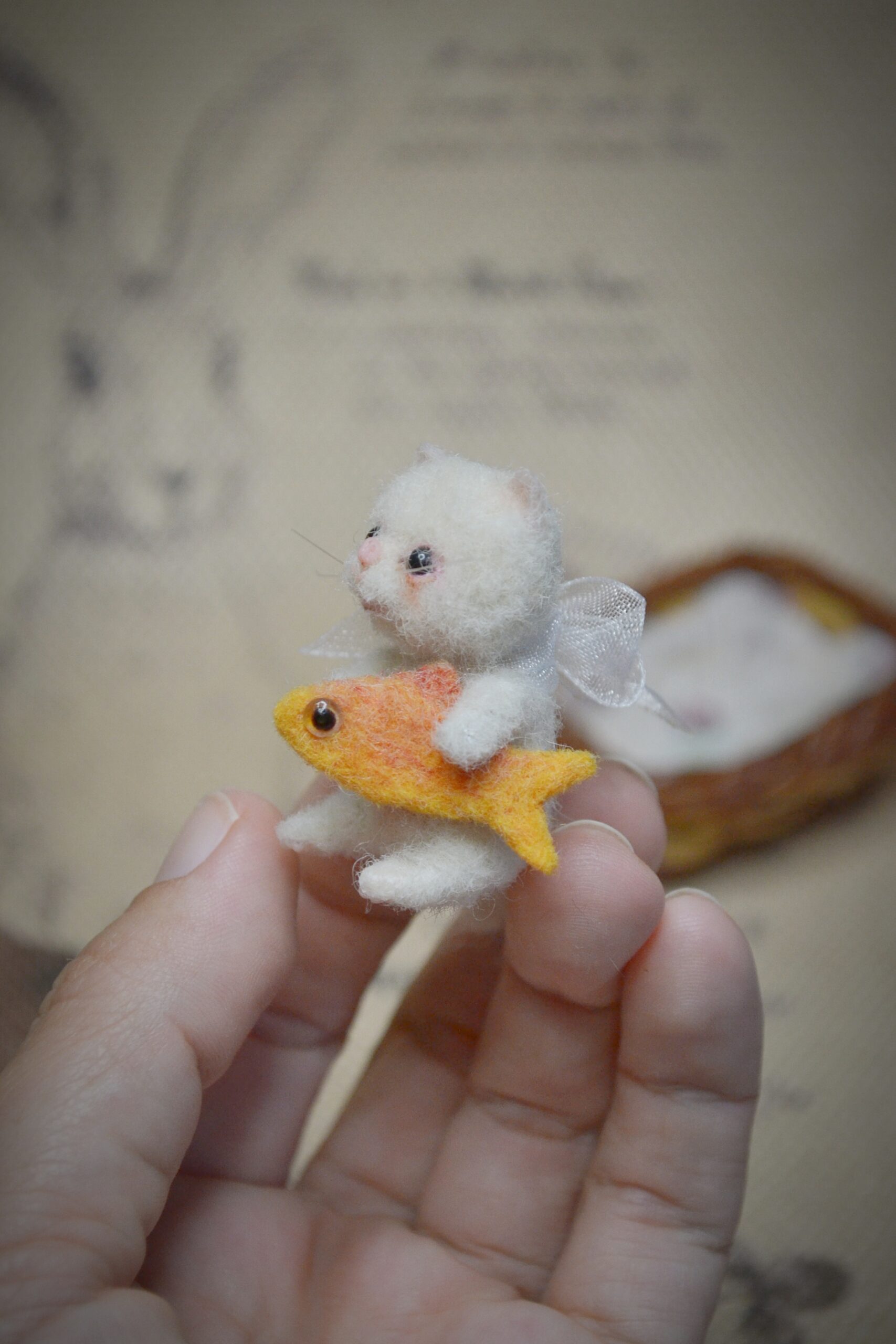Kitten with Toy Fish and Basket, Needle Felted miniature Kat – Handmade Wool Miniature - Image 11