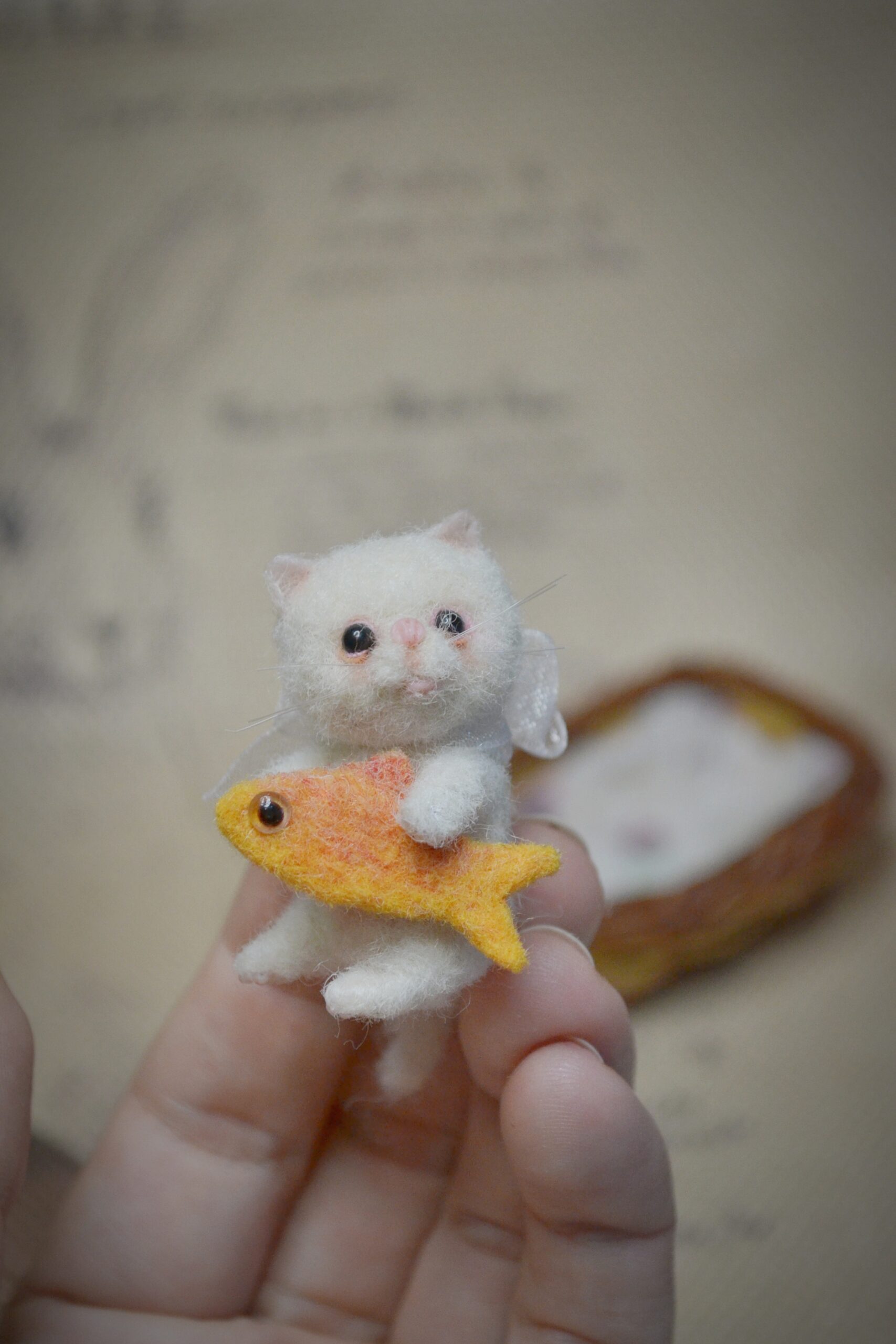 Kitten with Toy Fish and Basket, Needle Felted miniature Kat – Handmade Wool Miniature - Image 12