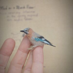 Handmade needle felted jay inspired by the Eurasian jay. A soft wool bird miniature with delicate details and natural charm.