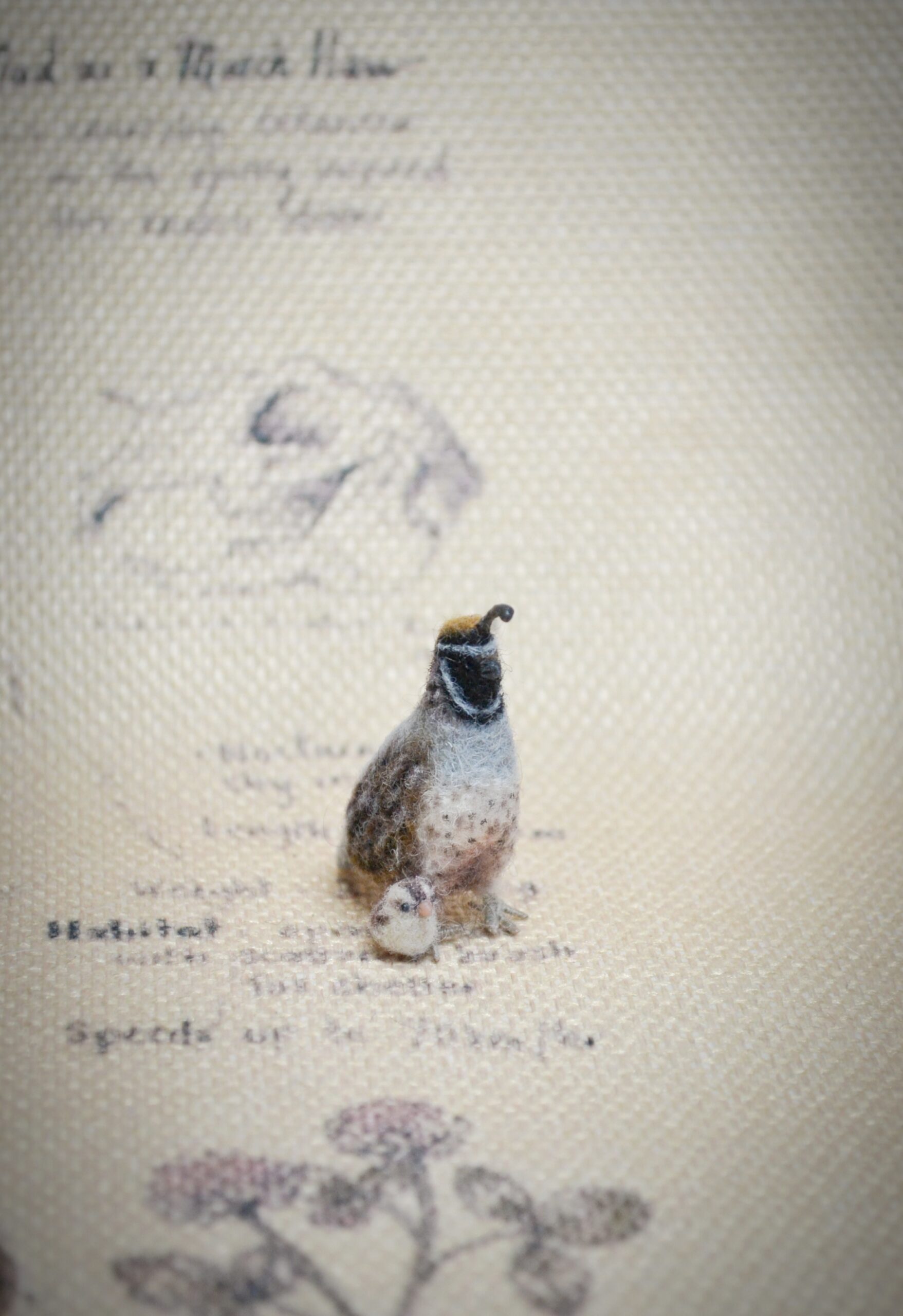 California Quail with Chick Miniature, Needle Felted Quail Family Figurine - Image 2