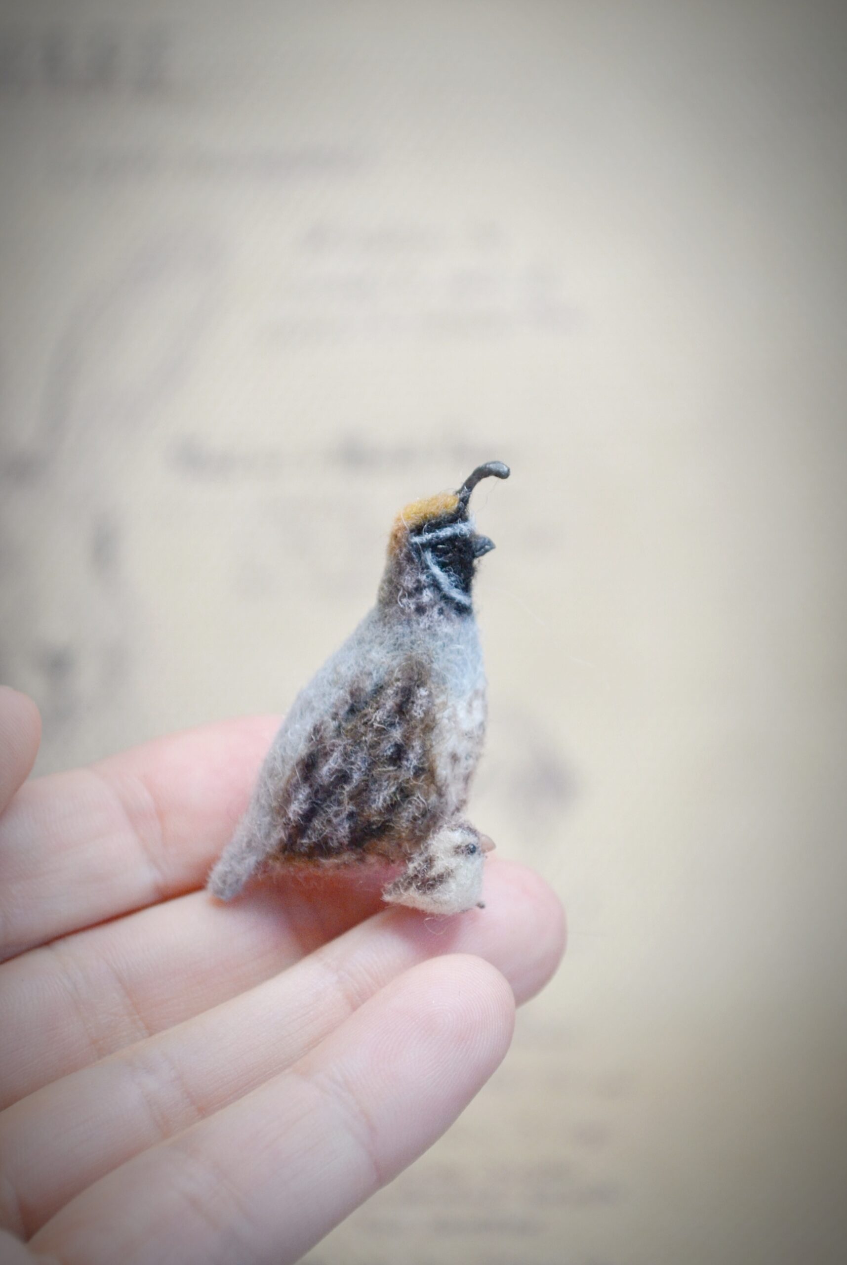 California Quail with Chick Miniature, Needle Felted Quail Family Figurine - Image 4