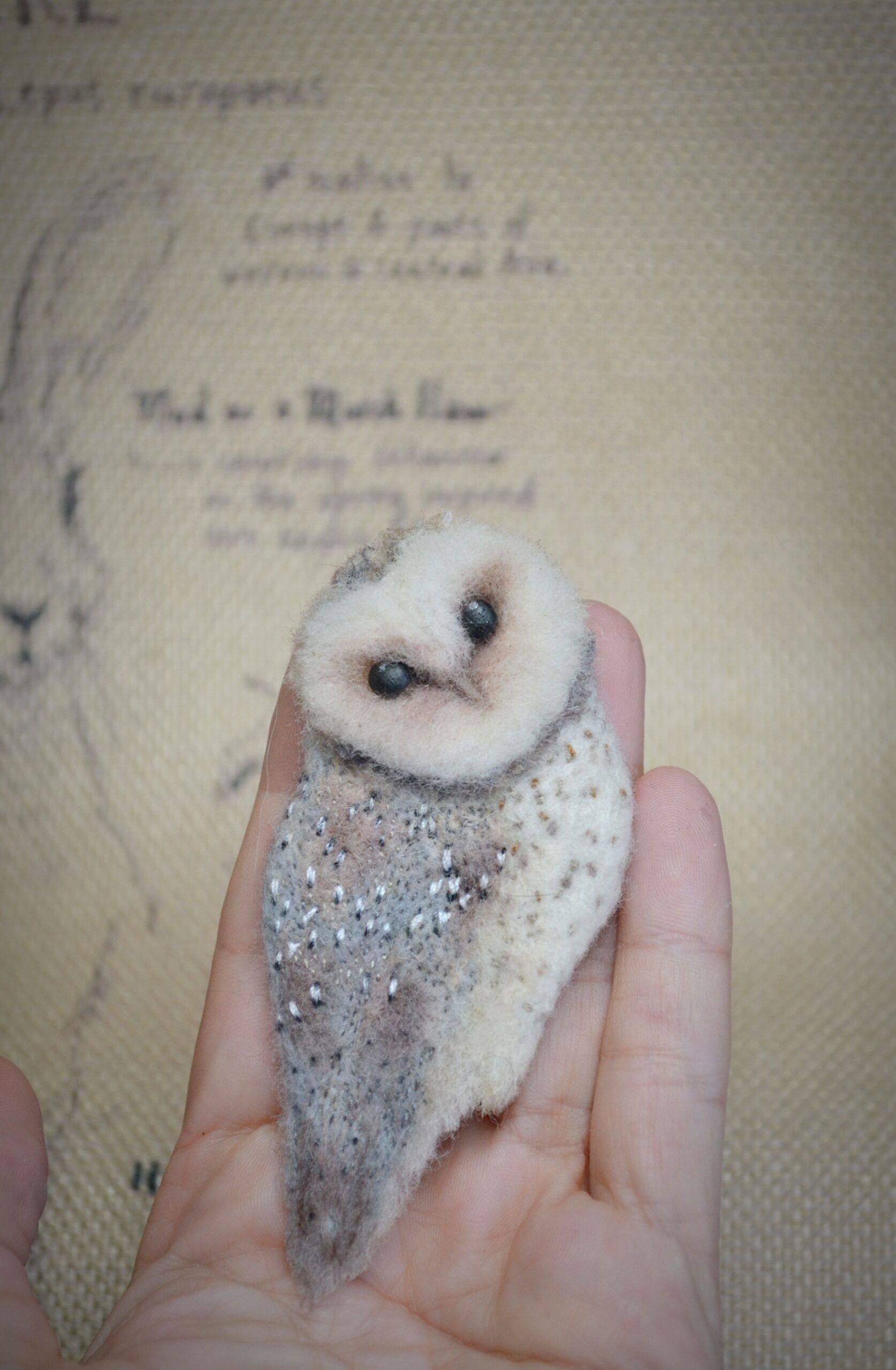 Needle Felted Barn Owl Brooch – Embroidered Wool Owl Pin - Image 5