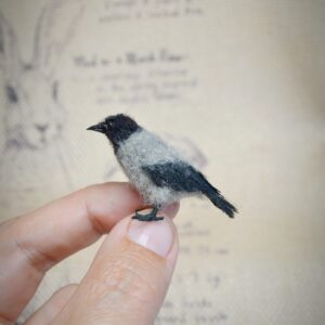 Hooded Crow Needle Felted Miniature – Handmade Wool Bird Figurine